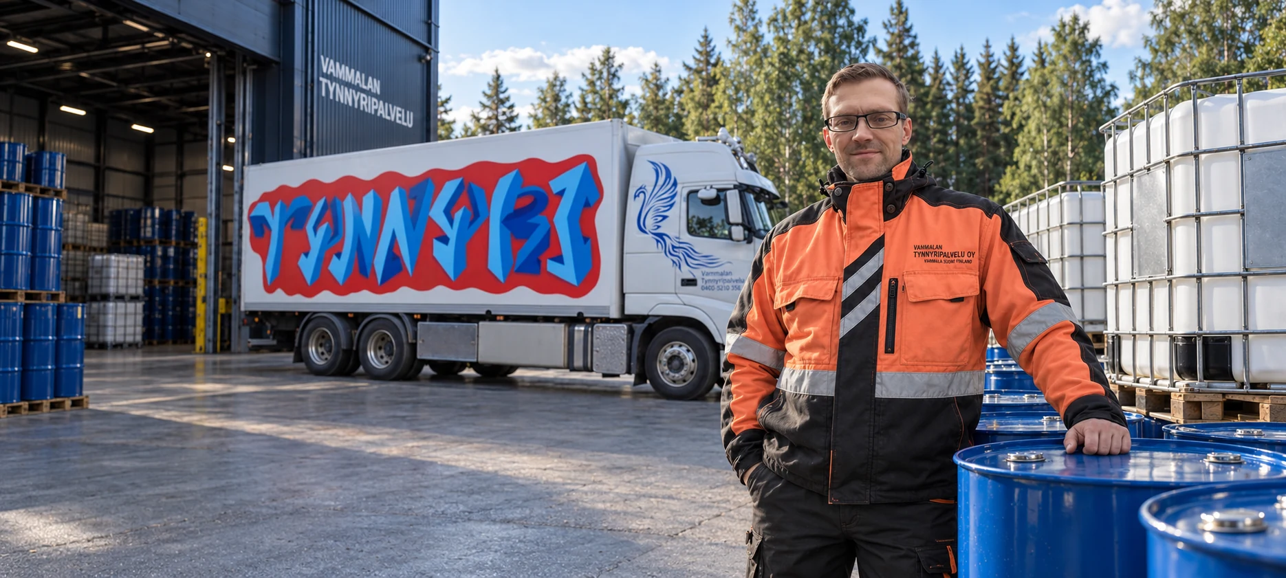 Vammalan Tynnyripalvelun työntekijä varaston, kuorma-auton ja tynnyrien edustalla